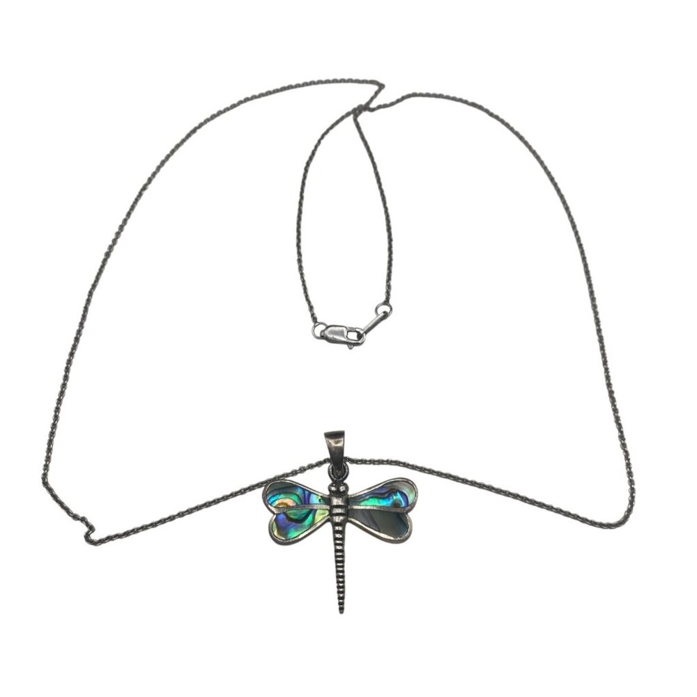 Sterling Silver 925 Dragonfly Pendant Necklace Abalone Shell 18" Chain 4.67g - Picture 2 of 12